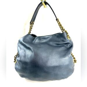 Michael Rome Charcoal Gray Textured Leather Small Shoulder Bag Brass Chain Strap